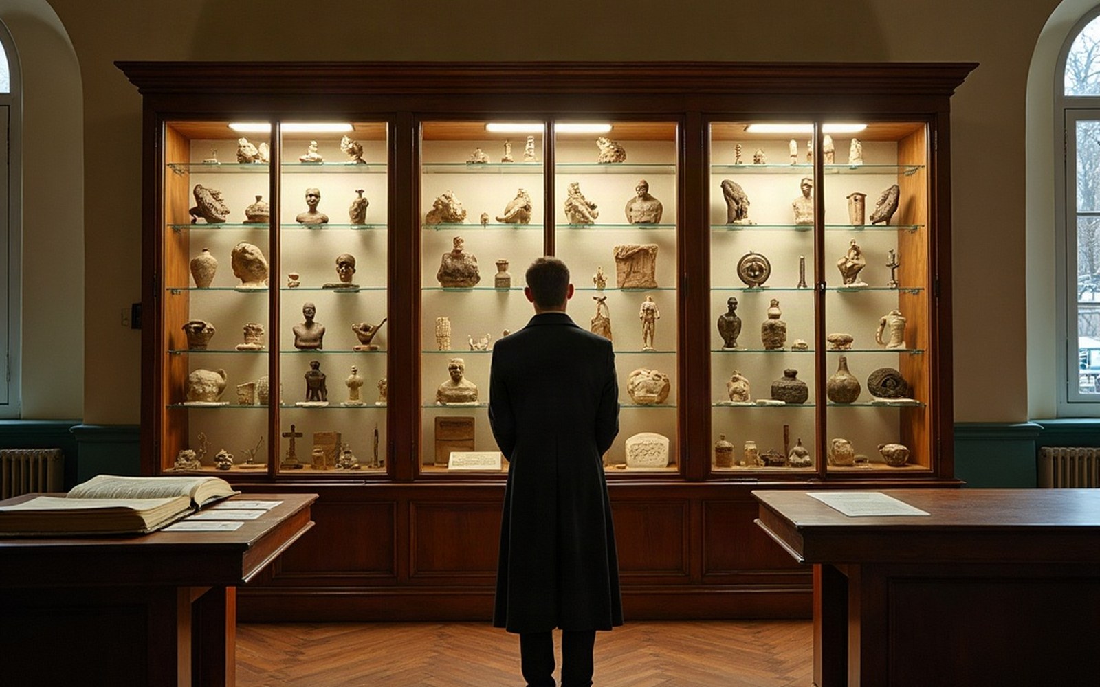 A glass-fronted cabinet of wax casts with a figure standing before it for scale