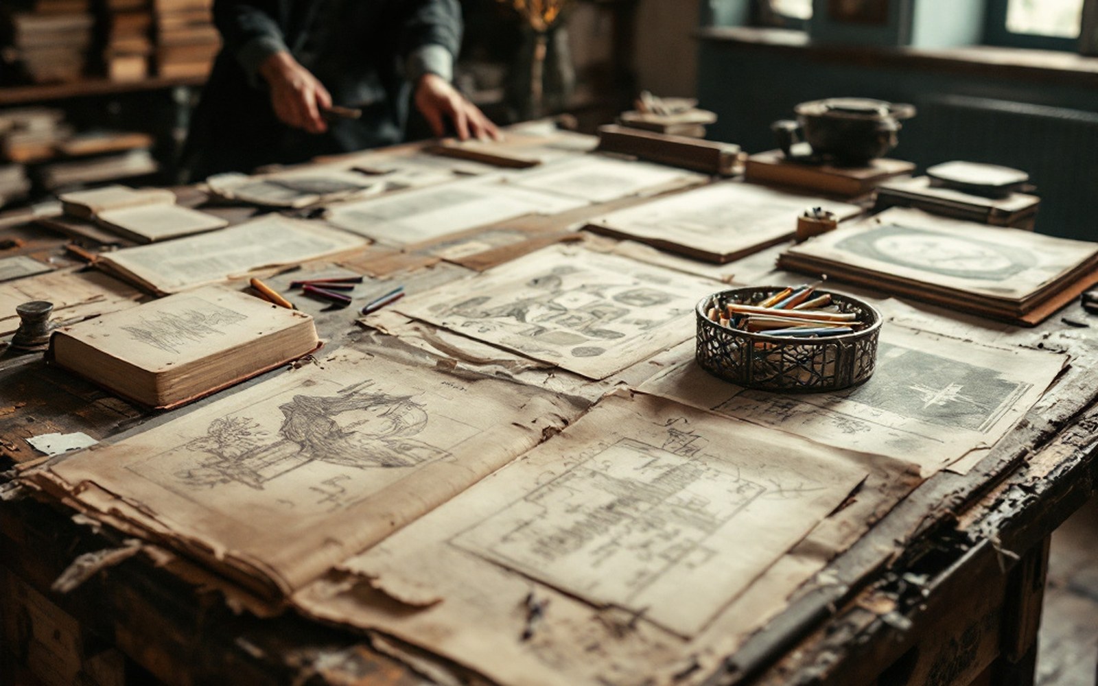 A drawing board with a part-finished lithographic drawing and crayons