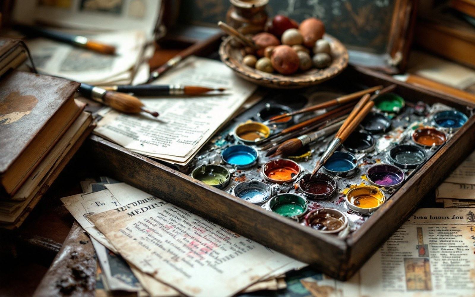 A tray of watercolour pans and brushes beside printed sheets