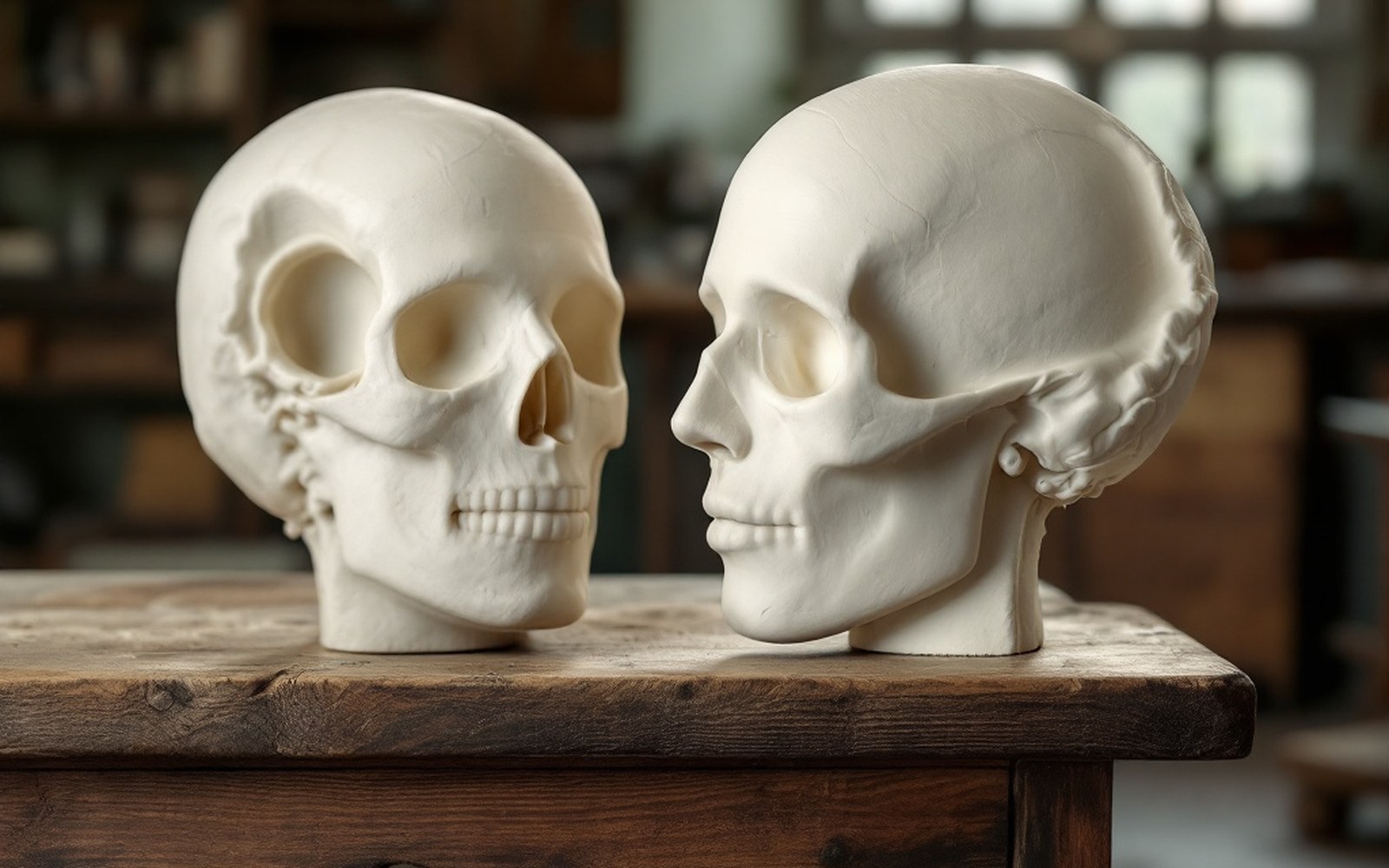A plaster mould and a wax cast side by side on a bench