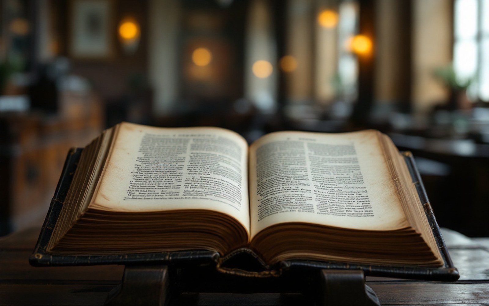 A bound journal volume open on a reading stand