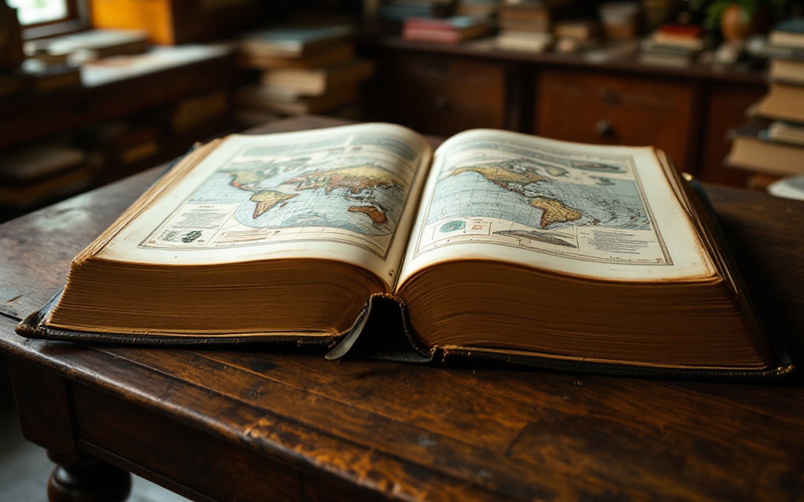 A large bound atlas open on a table with tissue guards between plates