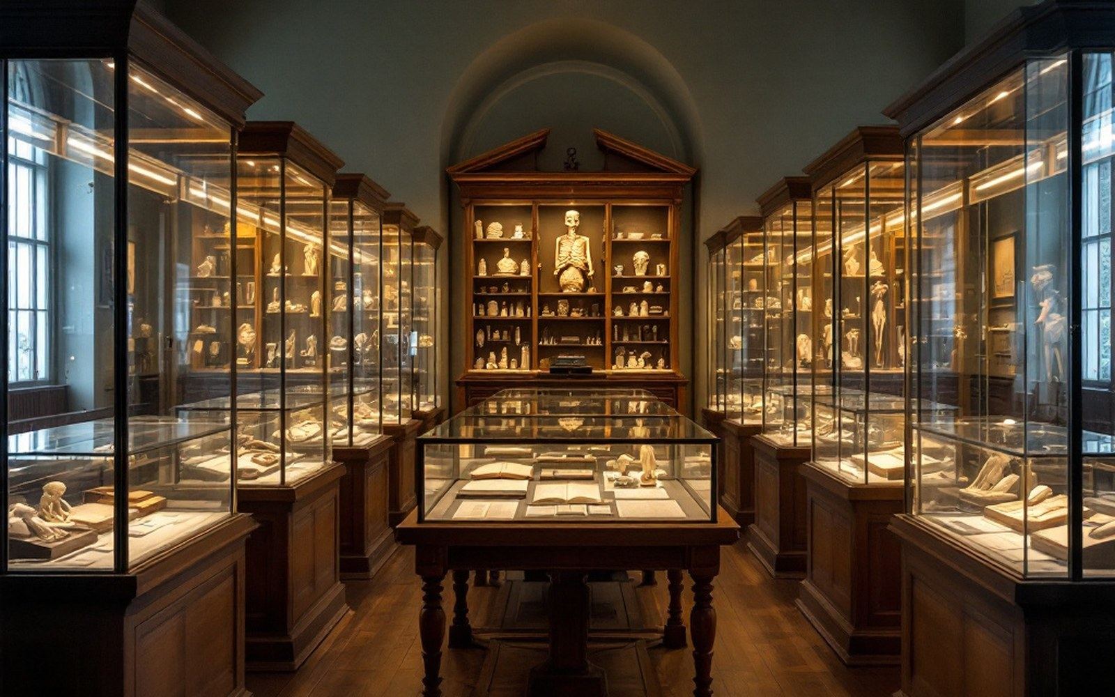 A room of tall glass-fronted display cabinets, museum lighting