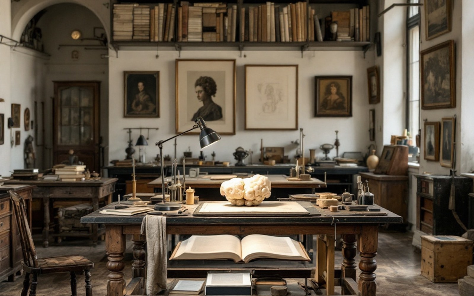 A conservation bench with fine tools, lamps and a supported object