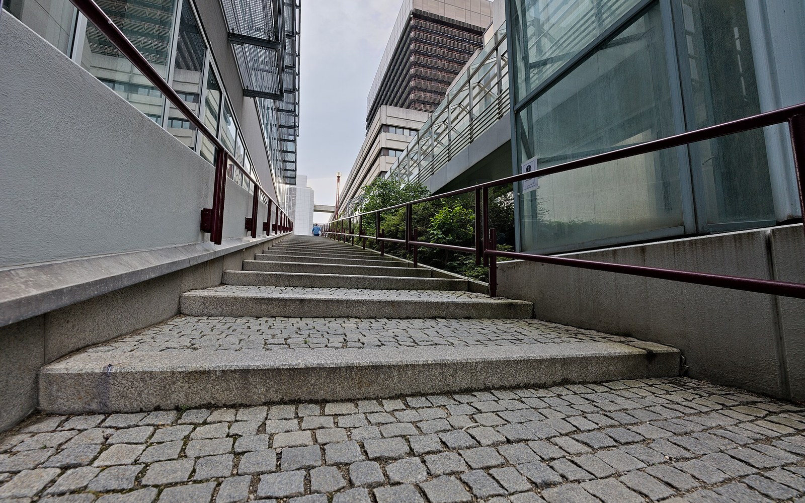 Cobblestone stairway flanked by railings leads uphill between modern glass office buildings