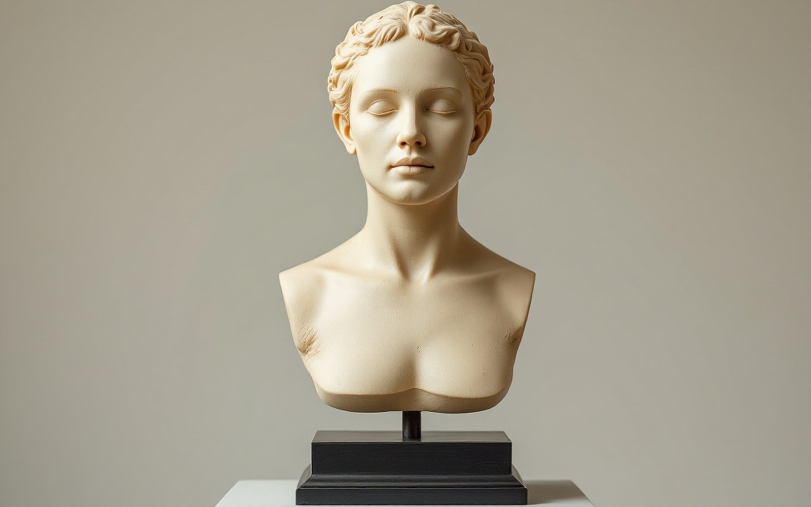 A single wax cast on a museum stand against a plain ground