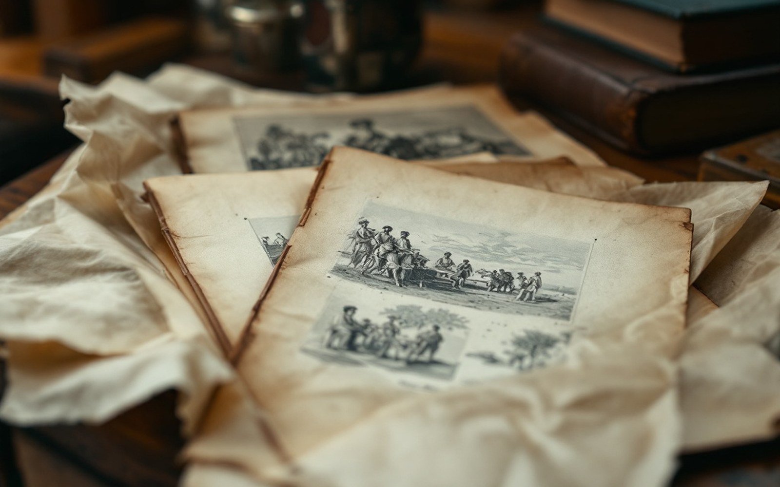 Loose printed gatherings in a paper wrapper on a desk