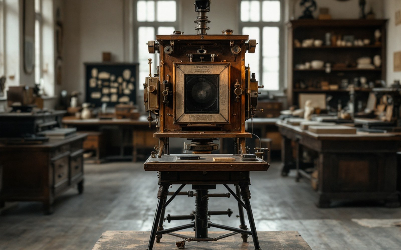 A wet-plate camera and holder on a stand in a studio