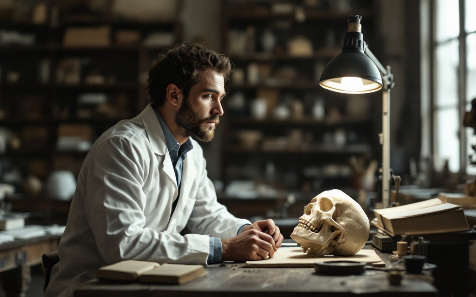 A conservator at a museum bench looking up from a wax cast under an inspection lamp